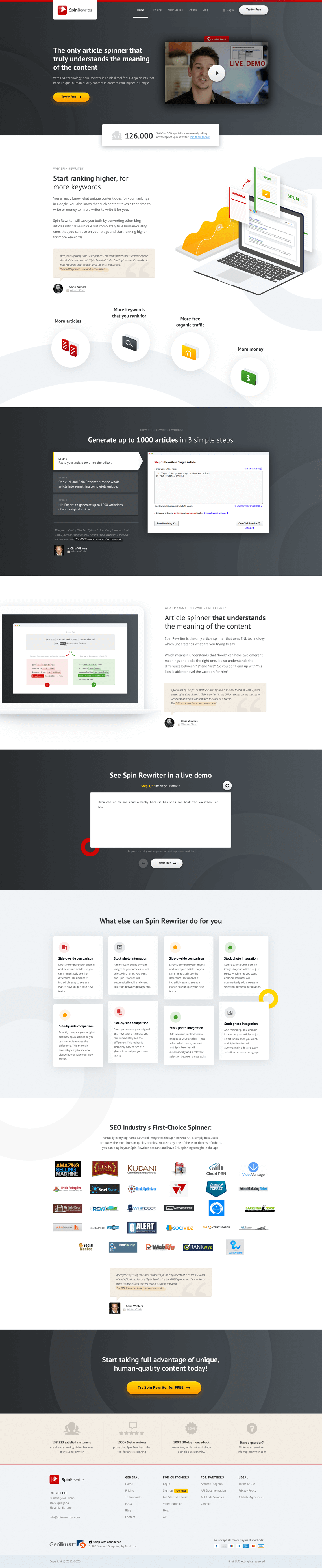 Spin rewriter landing page design